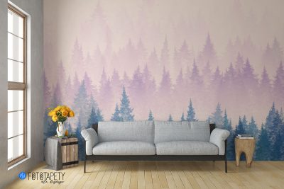 misty landscape with a fir forest - wall mural