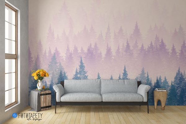 misty landscape with a fir forest - wall mural