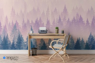 misty landscape with a fir forest - wall mural