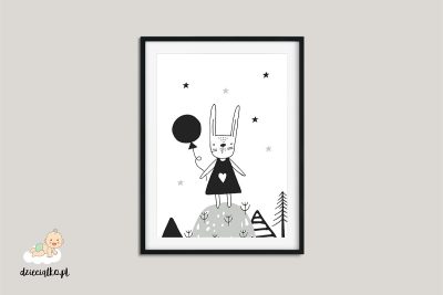 rabbit with a balloon on a hill - poster for child’s room