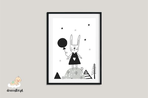 rabbit with a balloon on a hill - poster for child’s room