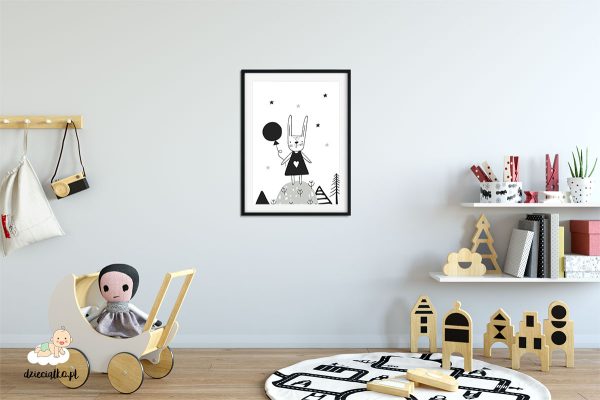 rabbit with a balloon on a hill - poster for child’s room