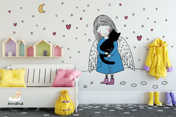 sweet angel cradles black cat in her arms - children’s wall mural