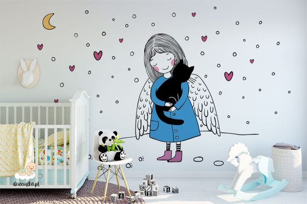 sweet angel cradles black cat in her arms - children’s wall mural