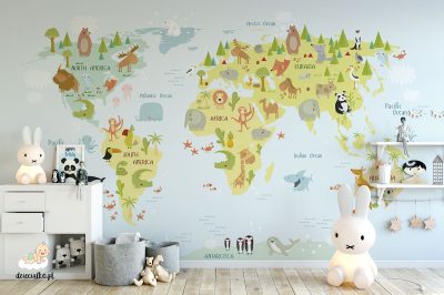 animals on the world map - children’s wall mural