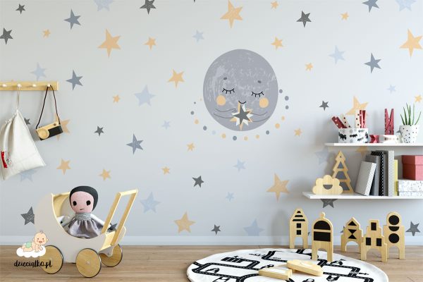 colorful moon and stars on a light background - children’s wall mural