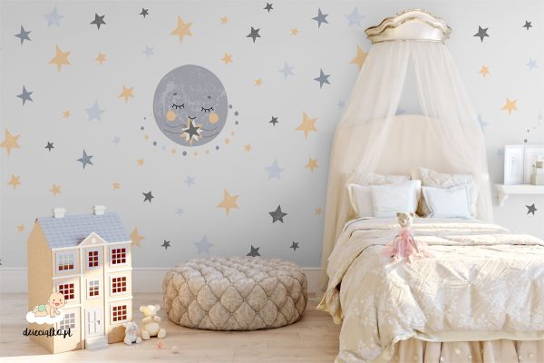 colorful moon and stars on a light background - children’s wall mural