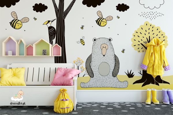 bear in the woods among the bees - children’s wall mural