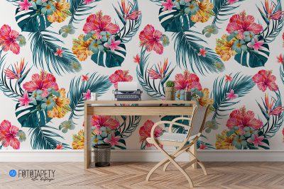 colorful flowers with green leaves - wall mural