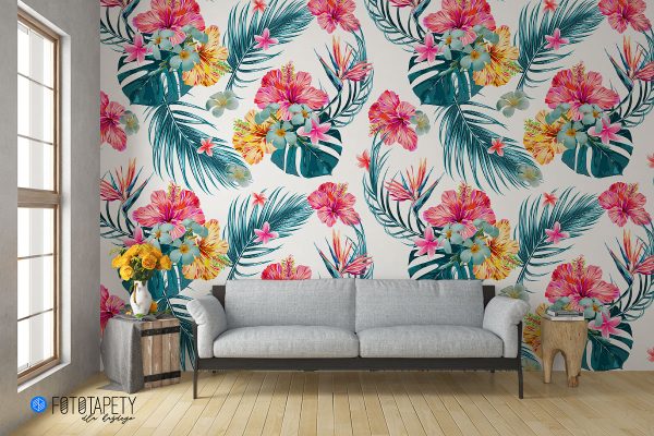 colorful flowers with green leaves - wall mural