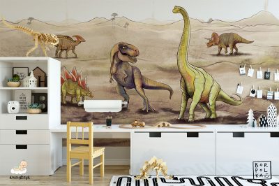 dinosaurs in a volcanic landscape - children’s wall mural