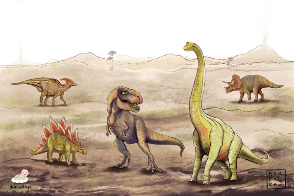 dinosaurs in a volcanic landscape - children’s wall mural