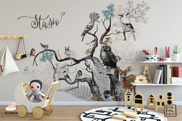 group of animals on the tree - children’s wall mural