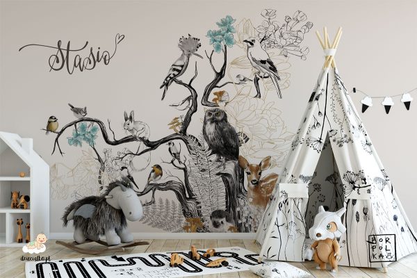 group of animals on the tree - children’s wall mural