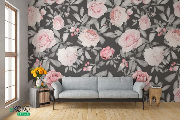 pink roses with gray leaves on a dark background - wall mural