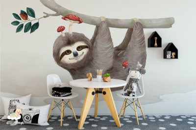 cute sloth hanging on a branch - children’s wall mural