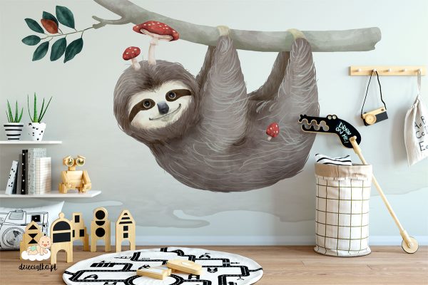 cute sloth hanging on a branch - children’s wall mural