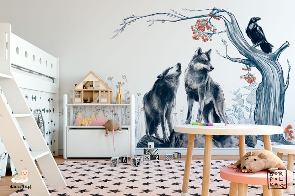 a pair of gray wolves by a tree with a black raven on a branch - children’s wall mural