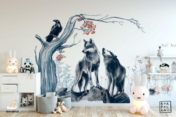 a pair of gray wolves by a tree with a black raven on a branch - children’s wall mural