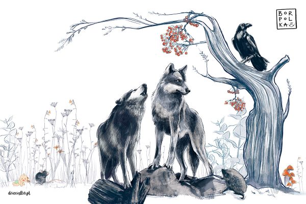 a pair of gray wolves by a tree with a black raven on a branch - children’s wall mural