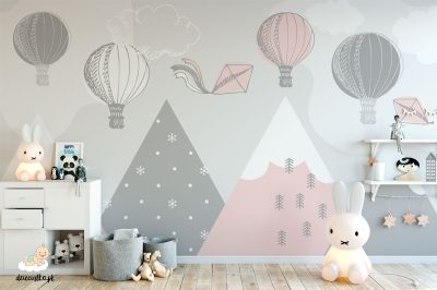 olorful balloons float above mountains – children’s wall mural