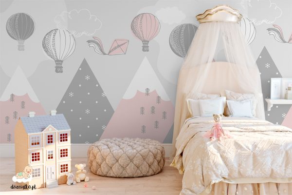 olorful balloons float above mountains – children’s wall mural