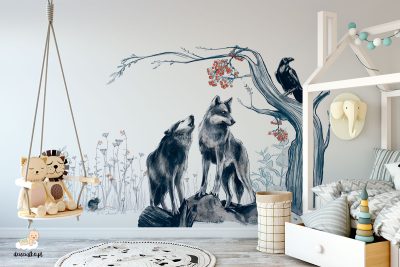 a pair of gray wolves by a tree with a black raven on a branch - children’s wall mural