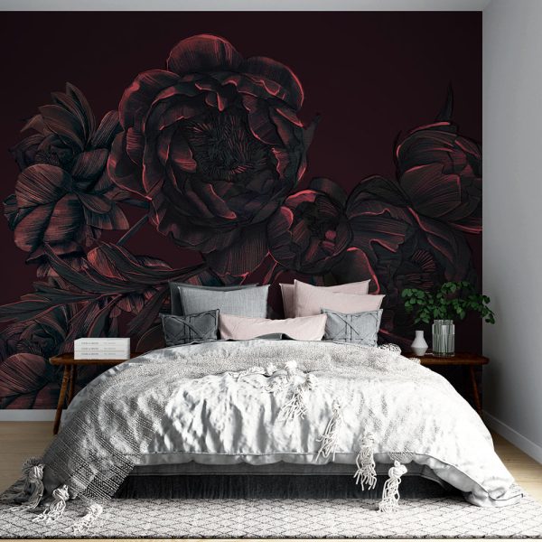 large beautiful dark peonies on a maroon background - wall mural