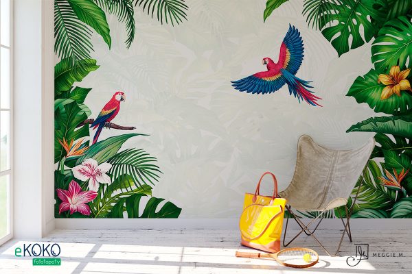 tropical green and parrots with a green background - wall mural