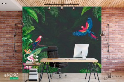 tropical green and parrots with a green background - wall mural