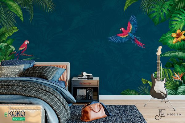 tropical green and parrots with a blue background - wall mural