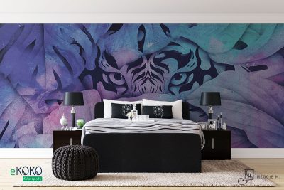 tiger’s head emerging from behind the leaves in shades of purple - wall mural