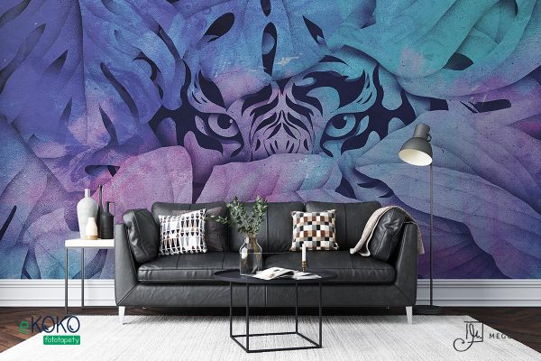 tiger’s head emerging from behind the leaves in shades of purple - wall mural