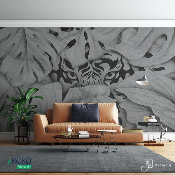 tiger’s head emerging from behind the leaves in shades of gray - wall mural