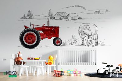 rural farm with animals and red tractor - children’s wall mural
