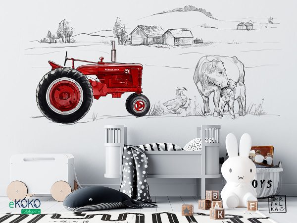 rural farm with animals and red tractor - children’s wall mural