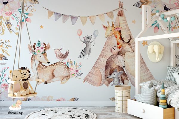 frisky animals in a bedecked clearing with a tent - children’s wall mural