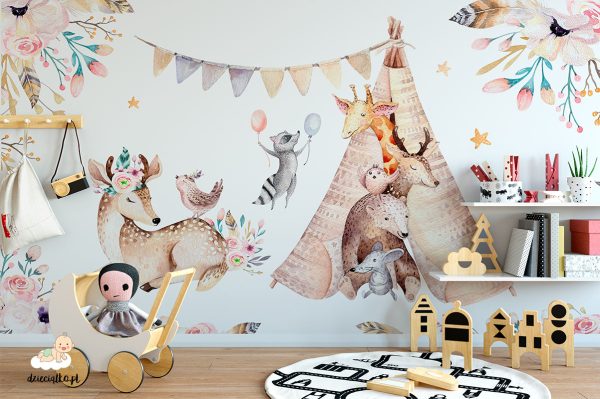 frisky animals in a bedecked clearing with a tent - children’s wall mural