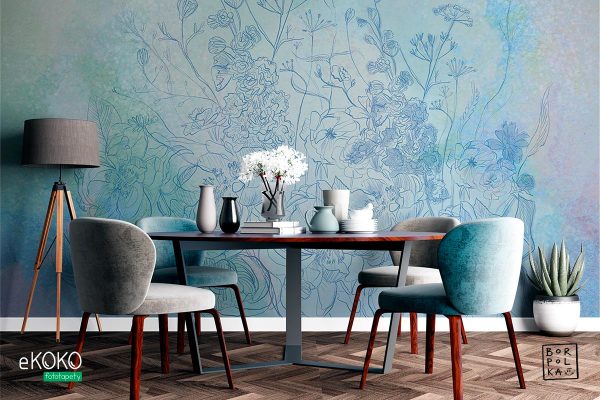 watercolor of blue flowers - wall mural