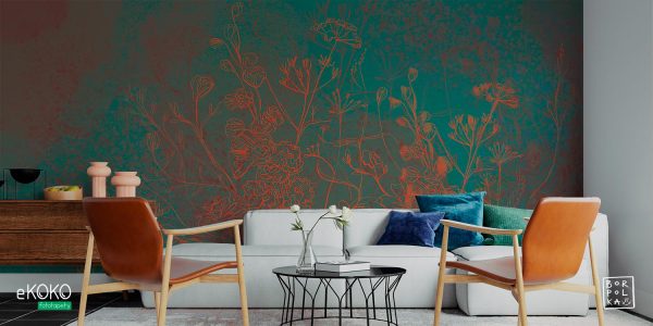 watercolor orange flowers on greenish background - wall mural