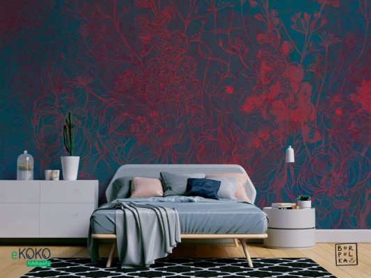 watercolor red flowers on bluish background - wall mural