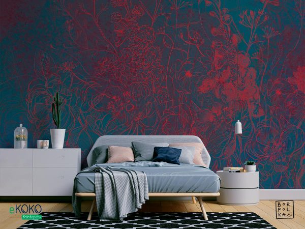 watercolor red flowers on bluish background - wall mural