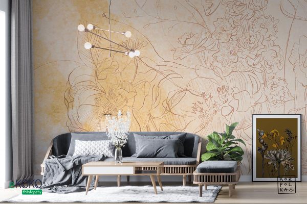 watercolor brown flowers on yellowish background - wall mural