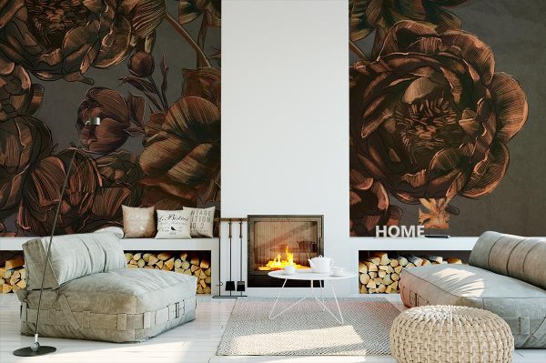 large beautiful brown peonies on a gray background - wall mural