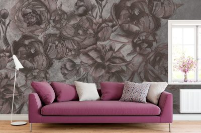 arge beautiful pink gray peonies on a light background - wall mural