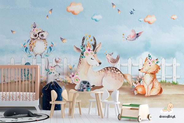 frisky animals with the white fence and the clear sky - children’s wall mural