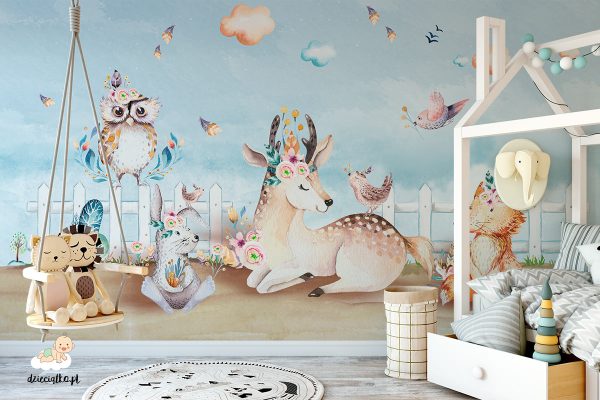 frisky animals with the white fence and the clear sky - children’s wall mural