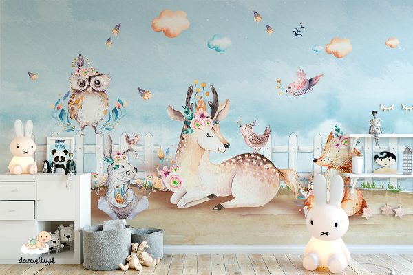 frisky animals with the white fence and the clear sky - children’s wall mural