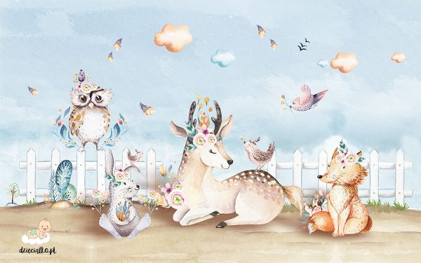 frisky animals with the white fence and the clear sky - children’s wall mural