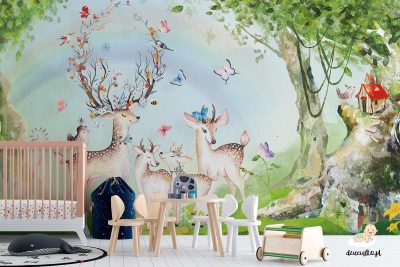 joyful fawns among birds and butterflies in a clearing - children’s wall mural